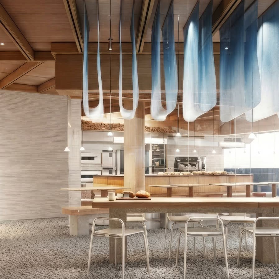 เคาน์เตอร์บาร์และที่นั่งสตูล Sakhon Nakhon Café โคมไฟแขวนจังหวะซ้ำ ออกแบบโดย Yan Architects