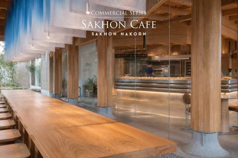 Sakhon Nakhon Café ออกแบบโดย Yan Architects ผนังไม้โทนอุ่นสไตล์ร่วมสมัย